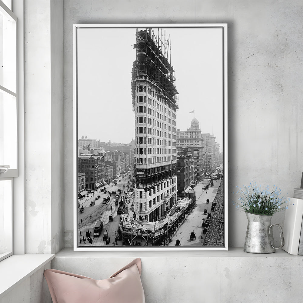 Flatiron Building New York City Historical Architecture, Black and White Art, Floating Framed Canvas Print