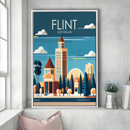Flint Michigan Retro Art Print, Flint City Wall Art, Floating Framed Canvas Print, Framed Picture, Painting Canvas
