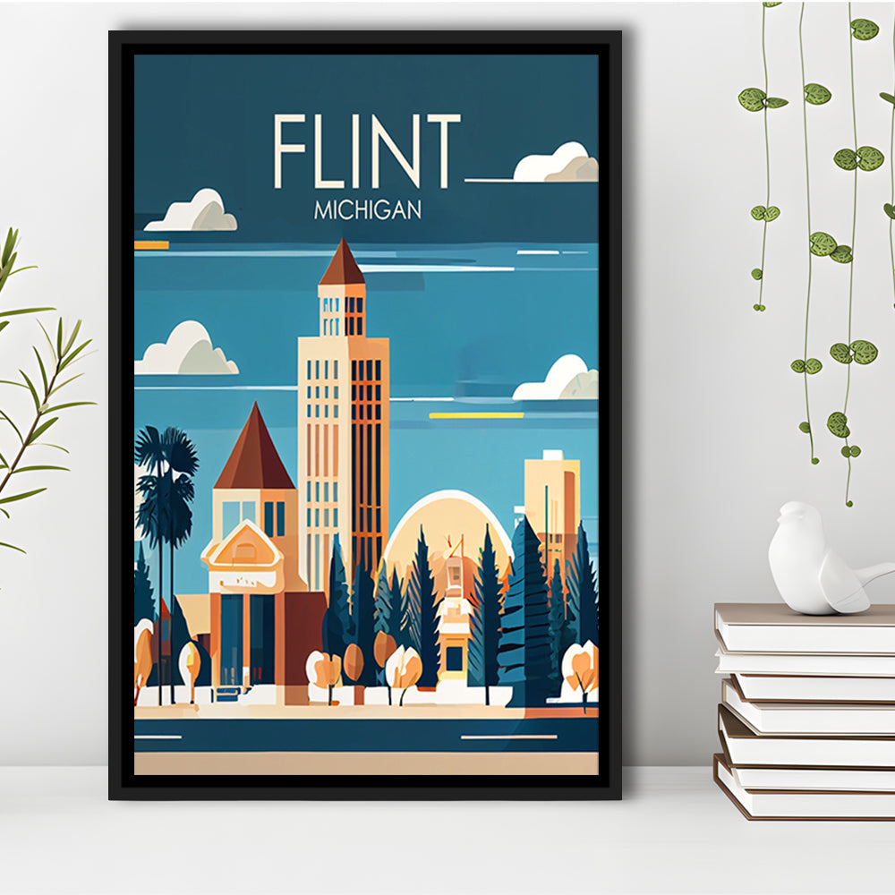 Flint Michigan Retro Art Print, Flint City Wall Art, Floating Framed Canvas Print, Framed Picture, Painting Canvas