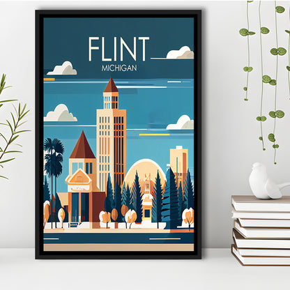 Flint Michigan Retro Art Print, Flint City Wall Art, Floating Framed Canvas Print, Framed Picture, Painting Canvas