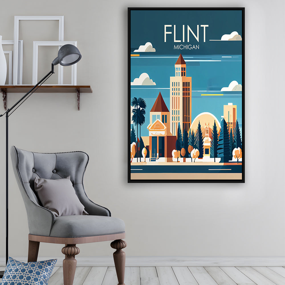 Flint Michigan Retro Art Print, Flint City Wall Art, Floating Framed Canvas Print, Framed Picture, Painting Canvas