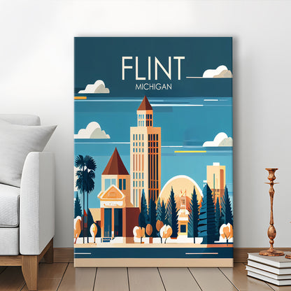Flint Michigan Retro Art Print, Flint City Wall Art, Canvas Print, Painting Canvas, Living Room Decor