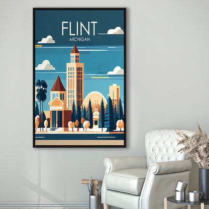 Flint Michigan Retro Art Print, Flint City Wall Art, Floating Framed Canvas Print, Framed Picture, Painting Canvas