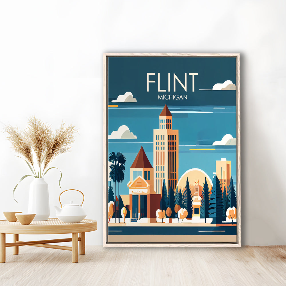 Flint Michigan Retro Art Print, Flint City Wall Art, Floating Framed Canvas Print, Framed Picture, Painting Canvas