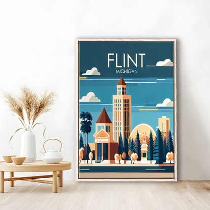 Flint Michigan Retro Art Print, Flint City Wall Art, Floating Framed Canvas Print, Framed Picture, Painting Canvas