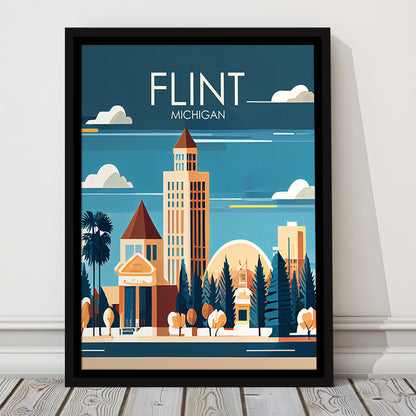 Flint Michigan Retro Art Print, Flint City Wall Art, Floating Framed Canvas Print, Framed Picture, Painting Canvas