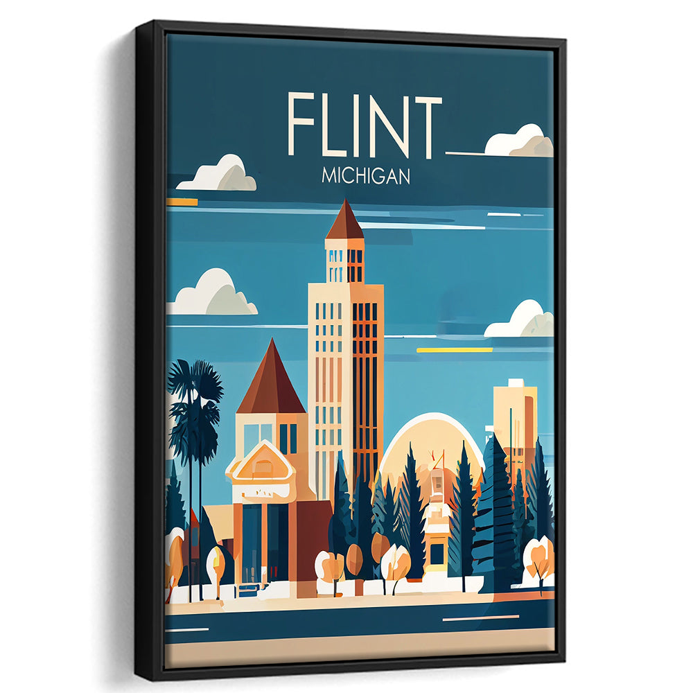 Flint Michigan Retro Art Print, Flint City Wall Art, Floating Framed Canvas Print, Framed Picture, Painting Canvas