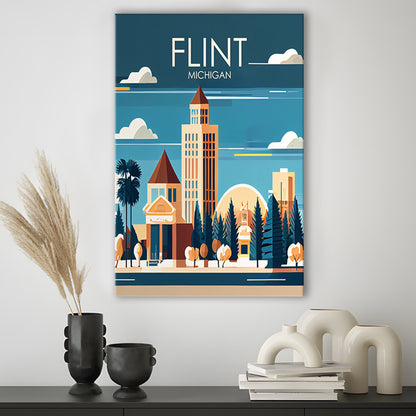 Flint Michigan Retro Art Print, Flint City Wall Art, Canvas Print, Painting Canvas, Living Room Decor