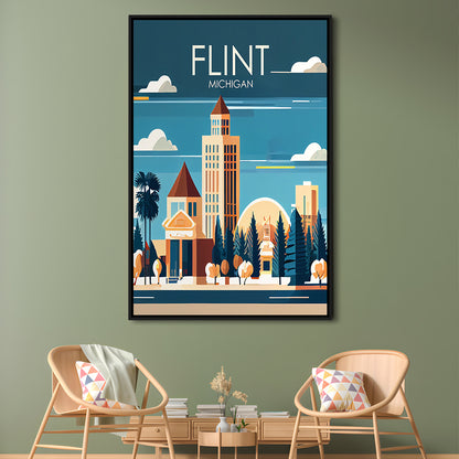 Flint Michigan Retro Art Print, Flint City Wall Art, Floating Framed Canvas Print, Framed Picture, Painting Canvas