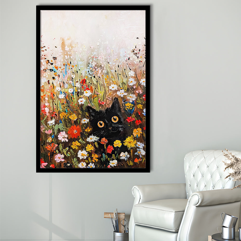 Floral Black Cat Vintage Print Wildflowers Maximalist Decor, Framed Art Print Wall Decor, Picture Framed