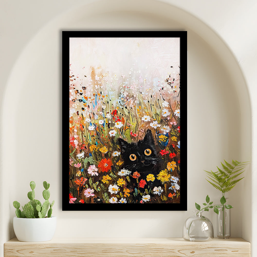 Floral Black Cat Vintage Print Wildflowers Maximalist Decor, Framed Art Print Wall Decor, Picture Framed