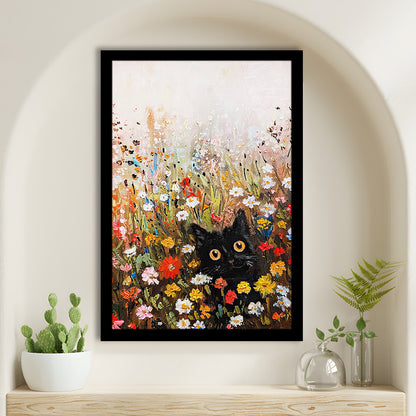 Floral Black Cat Vintage Print Wildflowers Maximalist Decor, Framed Art Print Wall Decor, Picture Framed