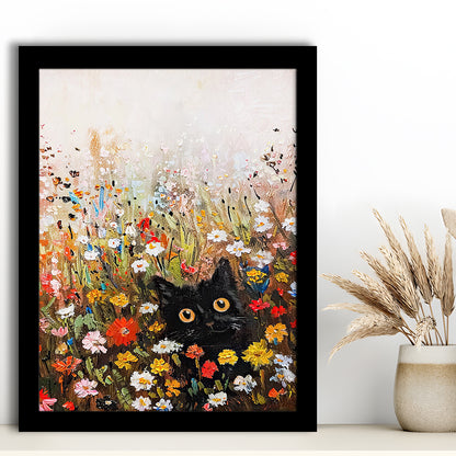 Floral Black Cat Vintage Print Wildflowers Maximalist Decor, Framed Art Print Wall Decor, Picture Framed