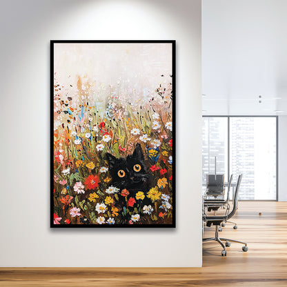 Floral Black Cat Vintage Print Wildflowers Maximalist Decor, Framed Art Print Wall Decor, Picture Framed