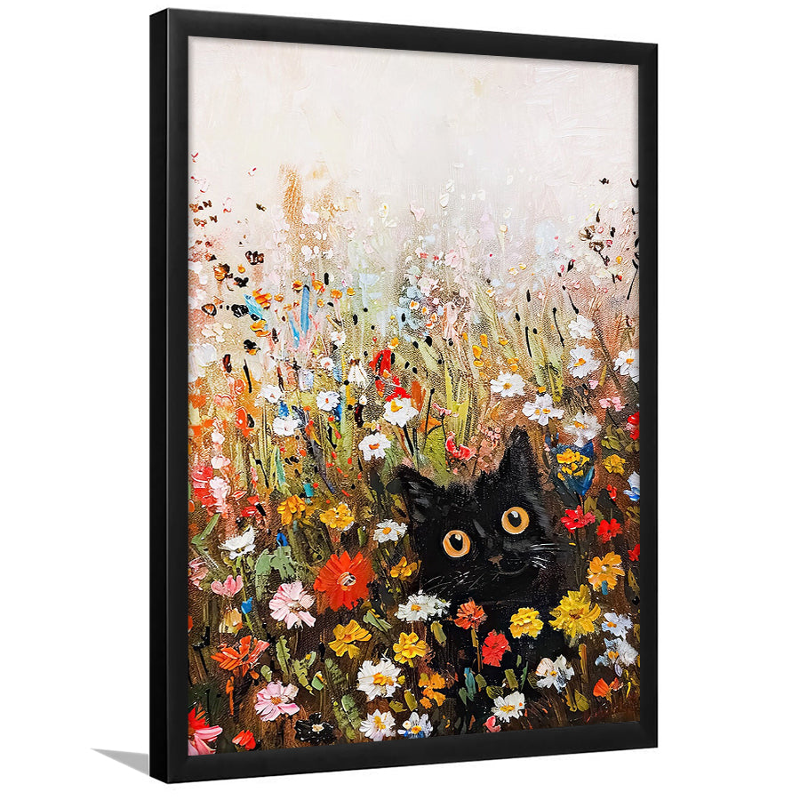 Floral Black Cat Vintage Print Wildflowers Maximalist Decor, Framed Art Print Wall Decor, Picture Framed