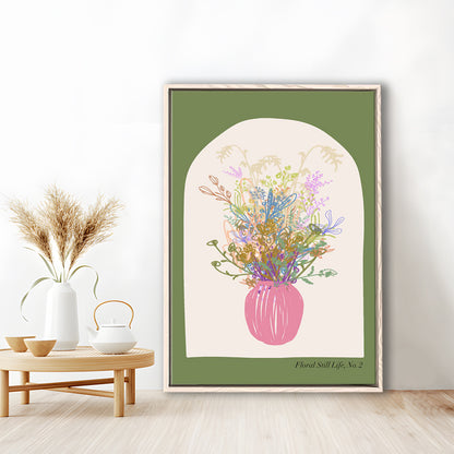 Floral Illustrated Floral Wall Print Green Wall Art Pink Decor Art, Framed Canvas Prints Wall Art