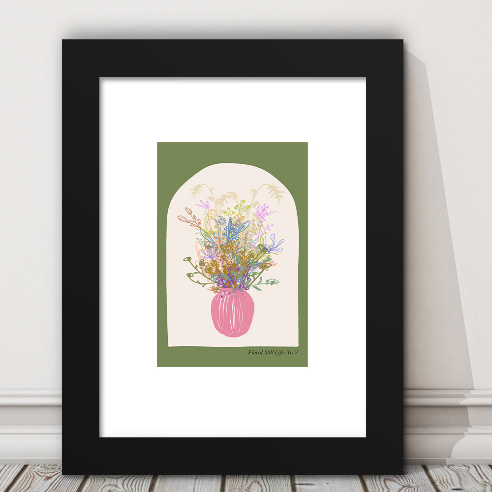 Floral Illustrated Floral Wall Print Green Wall Art Pink Decor Art, Framed Art Prints White Border Wall Decor