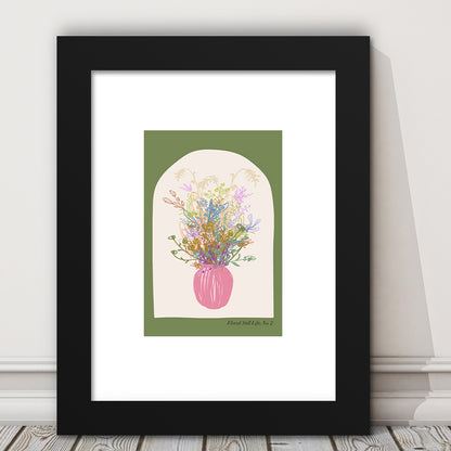 Floral Illustrated Floral Wall Print Green Wall Art Pink Decor Art, Framed Art Prints White Border Wall Decor