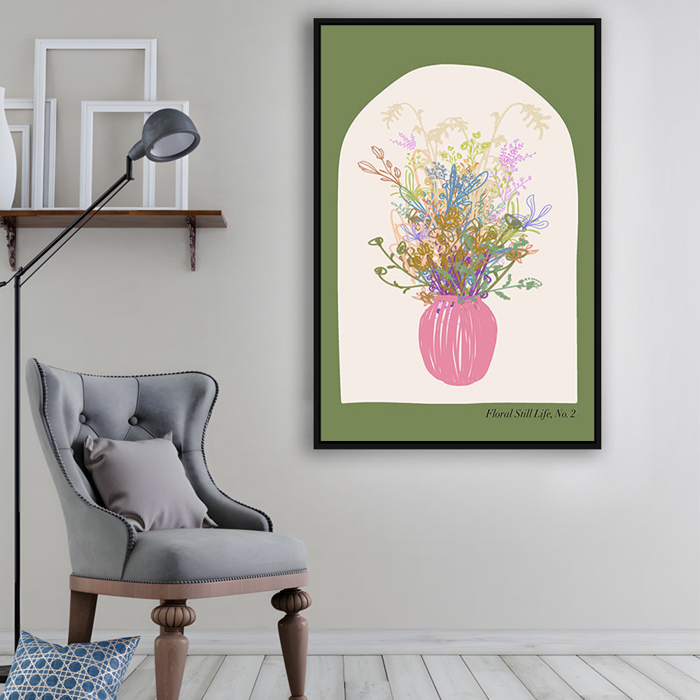Floral Illustrated Floral Wall Print Green Wall Art Pink Decor Art, Framed Canvas Prints Wall Art
