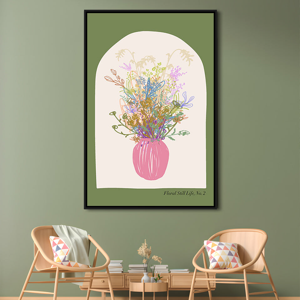 Floral Illustrated Floral Wall Print Green Wall Art Pink Decor Art, Framed Canvas Prints Wall Art