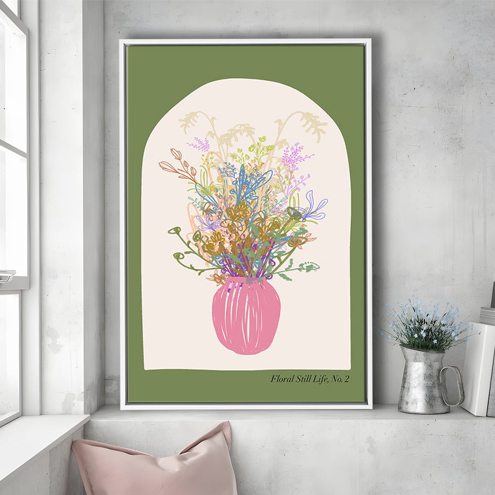 Floral Illustrated Floral Wall Print Green Wall Art Pink Decor Art, Framed Canvas Prints Wall Art