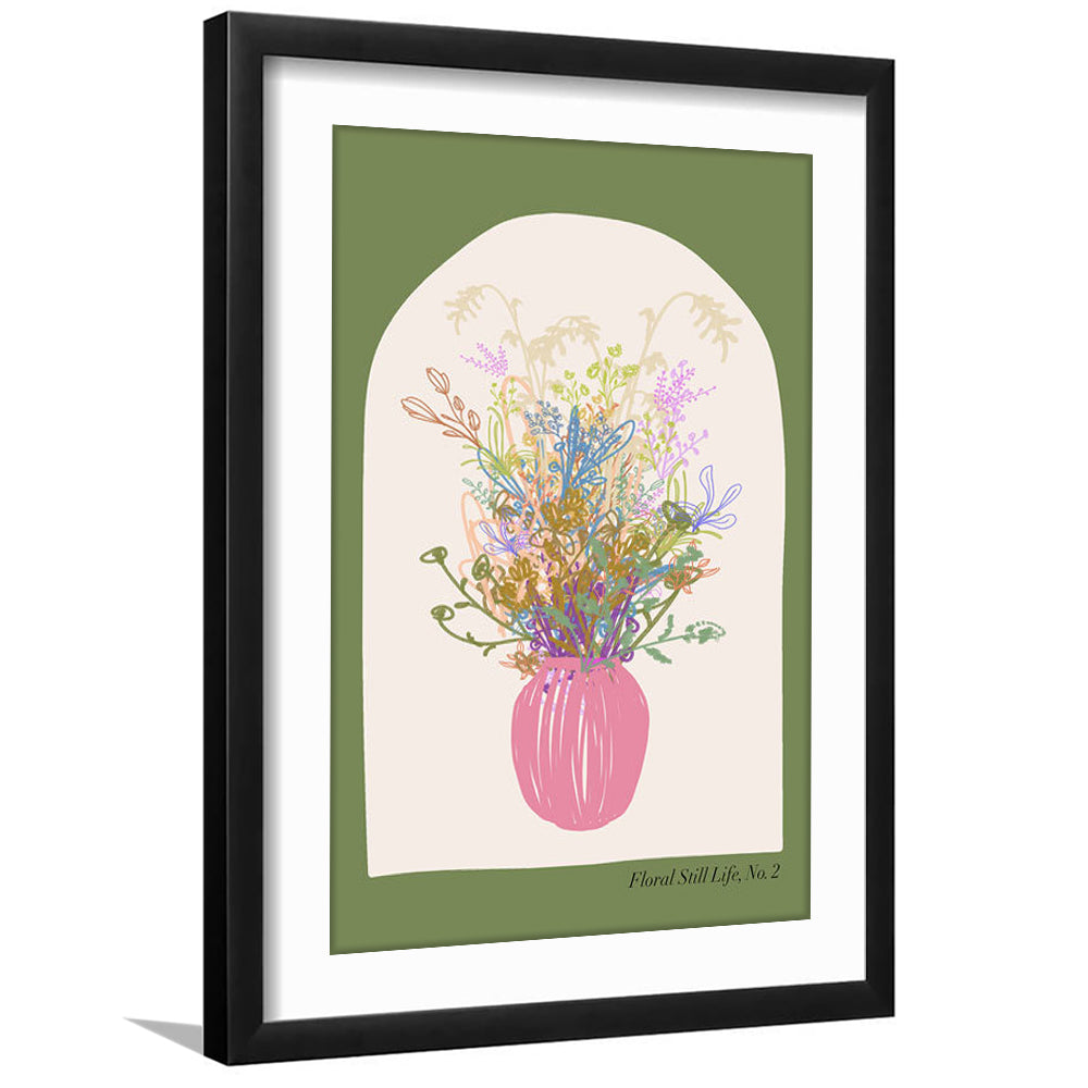 Floral Illustrated Floral Wall Print Green Wall Art Pink Decor Art, Framed Art Prints White Border Wall Decor