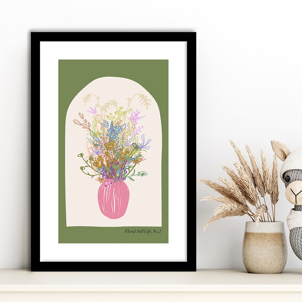 Floral Illustrated Floral Wall Print Green Wall Art Pink Decor Art, Framed Art Prints White Border Wall Decor