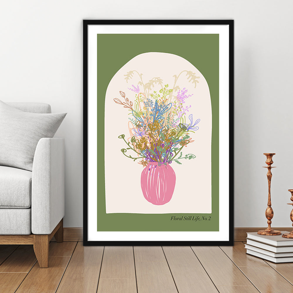 Floral Illustrated Floral Wall Print Green Wall Art Pink Decor Art, Framed Art Prints White Border Wall Decor