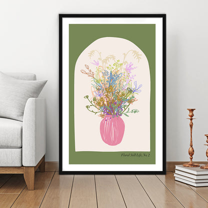 Floral Illustrated Floral Wall Print Green Wall Art Pink Decor Art, Framed Art Prints White Border Wall Decor