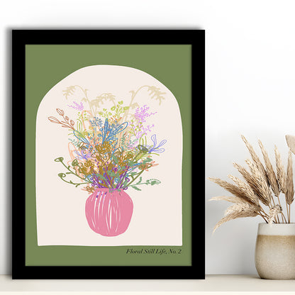 Floral Illustrated Floral Wall Print Green Wall Art Pink Decor Art, Framed Art Prints Wall Decor