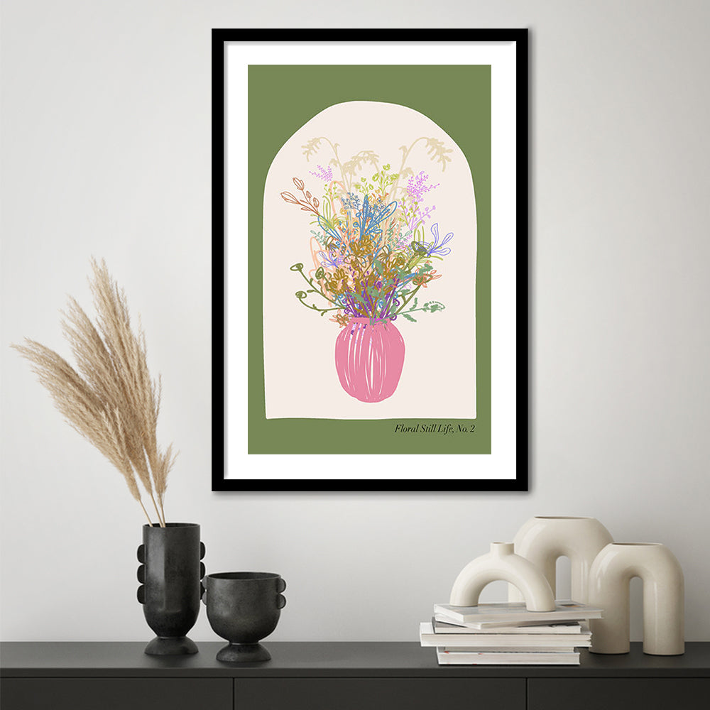 Floral Illustrated Floral Wall Print Green Wall Art Pink Decor Art, Framed Art Prints White Border Wall Decor