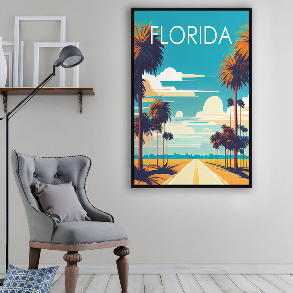 Florida Retro Art Print, Florida City Wall Art, Floating Framed Canvas Print, Framed Picture, Painting Canvas