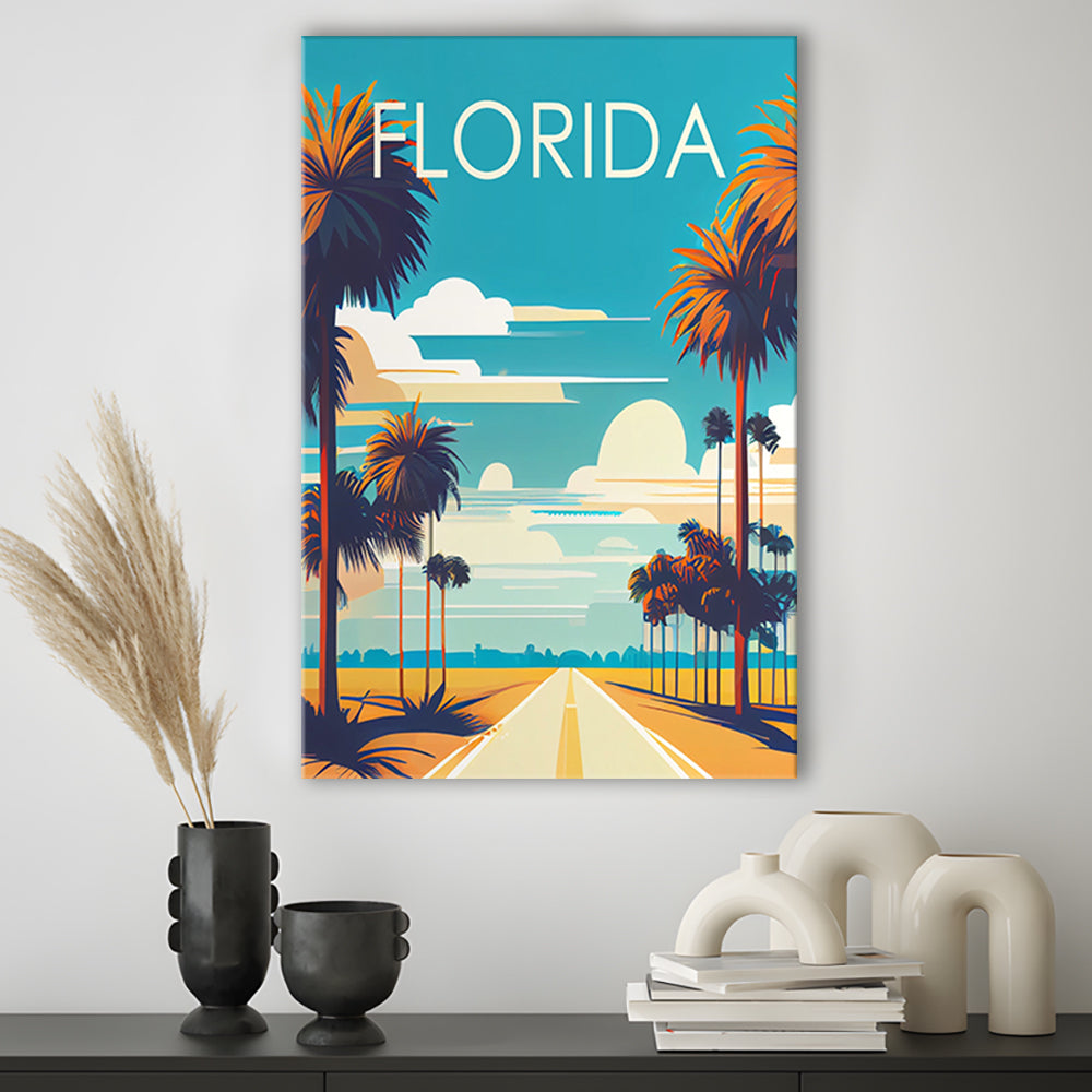 Florida Retro Art Print, Florida City Wall Art, Canvas Print, Painting Canvas, Living Room Decor