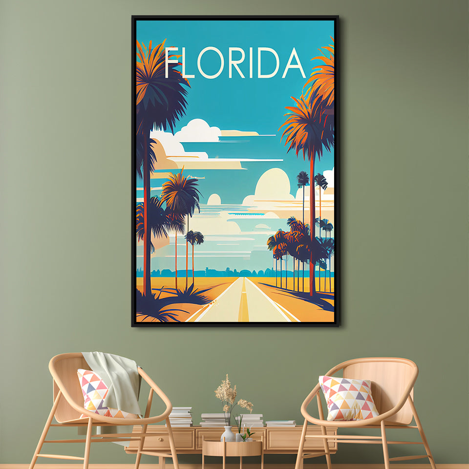 Florida Retro Art Print, Florida City Wall Art, Floating Framed Canvas Print, Framed Picture, Painting Canvas