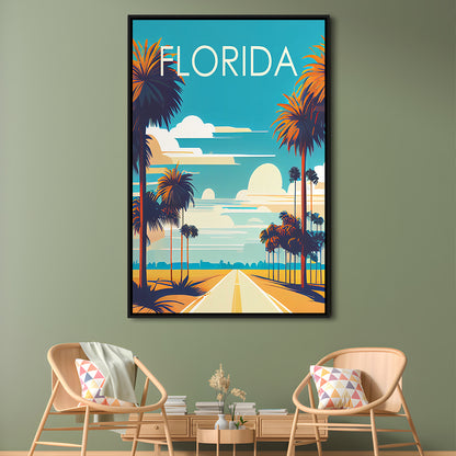Florida Retro Art Print, Florida City Wall Art, Floating Framed Canvas Print, Framed Picture, Painting Canvas