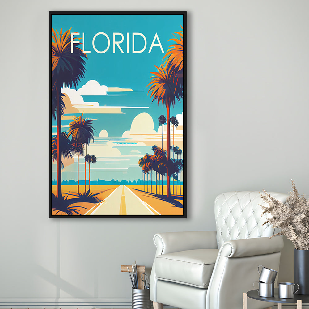 Florida Retro Art Print, Florida City Wall Art, Floating Framed Canvas Print, Framed Picture, Painting Canvas