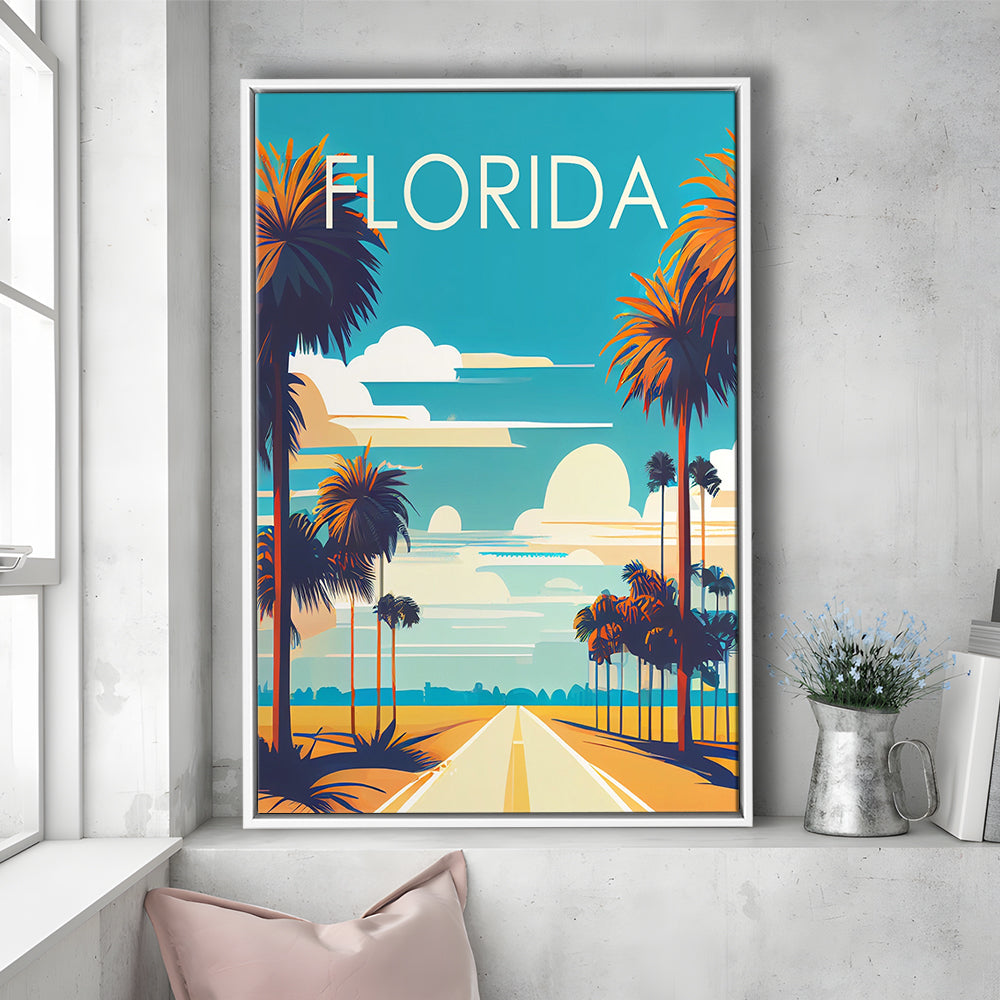 Florida Retro Art Print, Florida City Wall Art, Floating Framed Canvas Print, Framed Picture, Painting Canvas