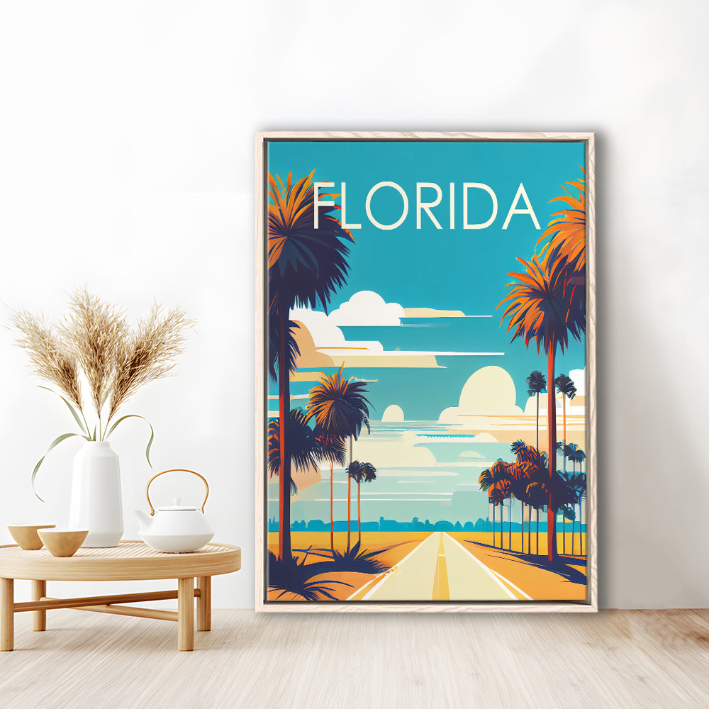 Florida Retro Art Print, Florida City Wall Art, Floating Framed Canvas Print, Framed Picture, Painting Canvas