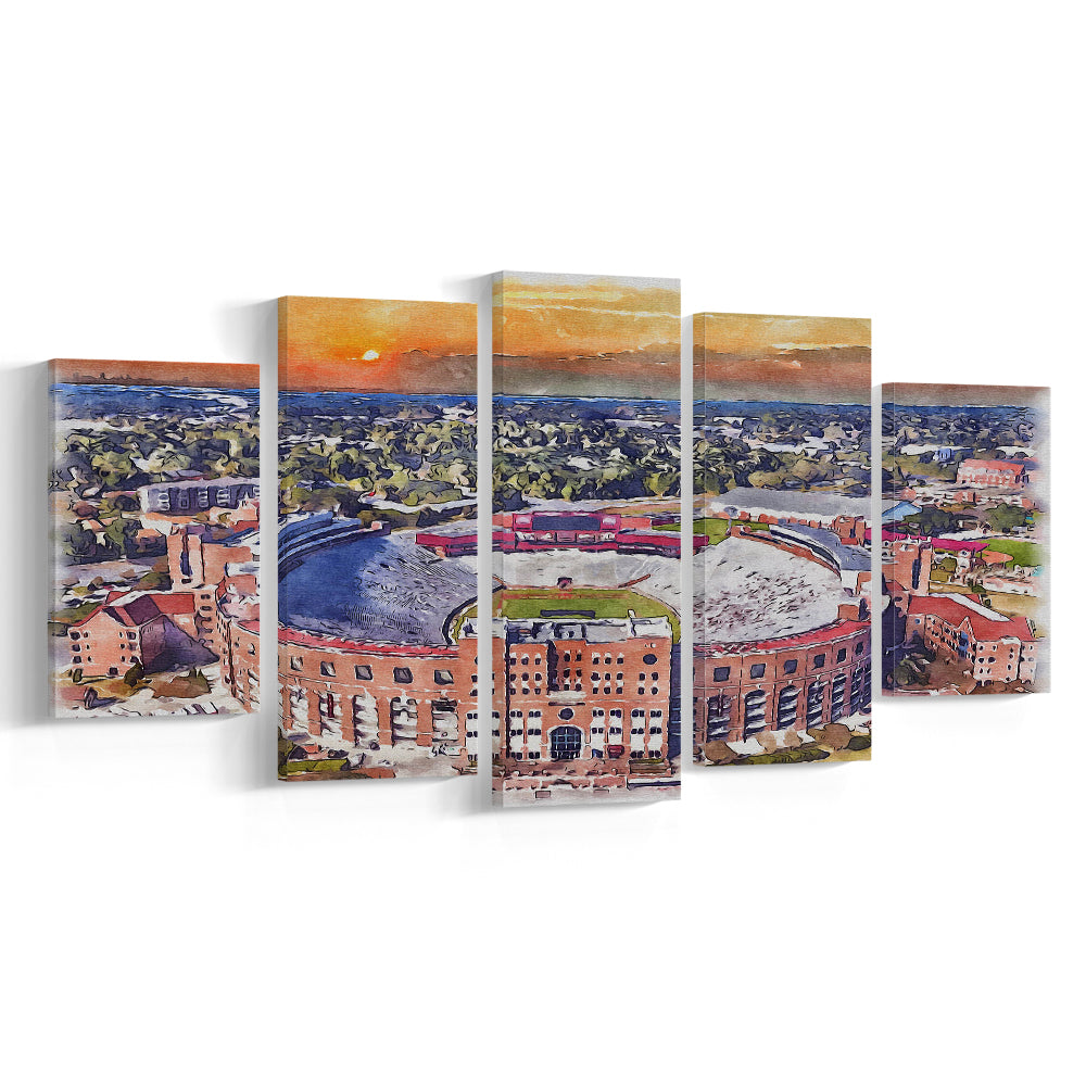 Florida State Seminoles, Doak Campbell Painting Stadium Watercolor, Sport Art, Mixed 5 Panel, Canvas Print Wall Art
