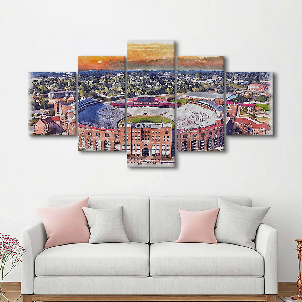 Florida State Seminoles, Doak Campbell Painting Stadium Watercolor, Sport Art, Mixed 5 Panel, Canvas Print Wall Art
