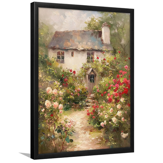 Flowers Cottage Oil Painting Vintage Print Chicken Spring Decor, Framed Art Print Wall Decor, Picture Framed