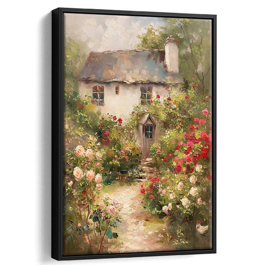 Flowers Cottage Oil Painting Vintage Print Chicken Spring Decor, Framed Canvas Print Wall Art, Floating Frame