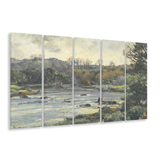 Fly Fishing Vintage Painting Landscape Painting Fishing Decor Office 5 Panels Canvas Print Wall Art, Fishing Gifts Boys Print
