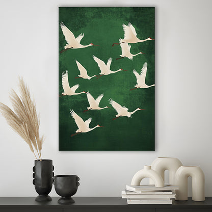 Flying Cranes Japandi Style Print Green White Bird Wall Art, Vintage Japanese Style Artwork, Canvas Print, Canvas Decor