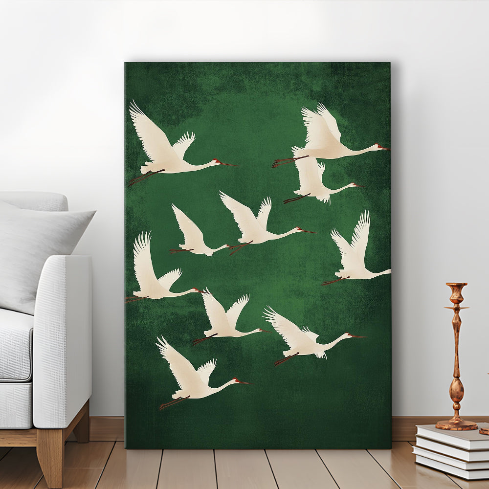 Flying Cranes Japandi Style Print Green White Bird Wall Art, Vintage Japanese Style Artwork, Canvas Print, Canvas Decor