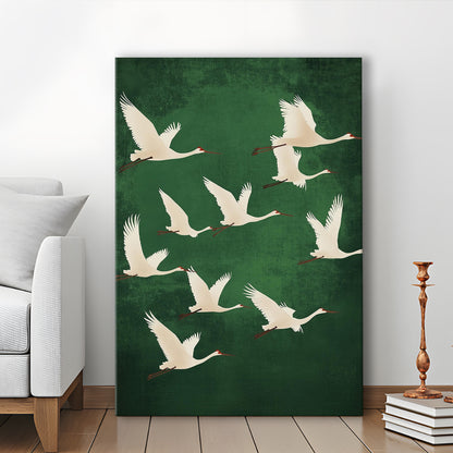 Flying Cranes Japandi Style Print Green White Bird Wall Art, Vintage Japanese Style Artwork, Canvas Print, Canvas Decor