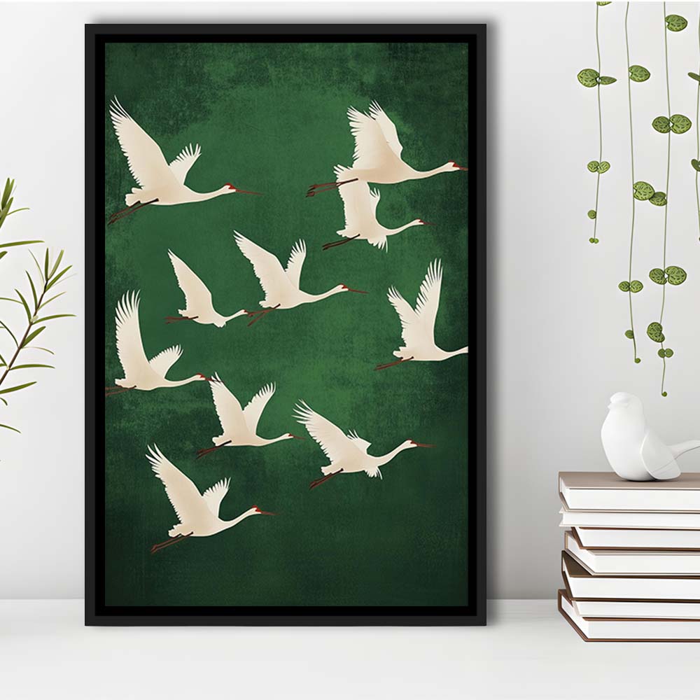 Flying Cranes Japandi Style Print Green White Bird Wall Art, Vintage Japanese Style Artwork, Framed Canvas Print, Floating Frame