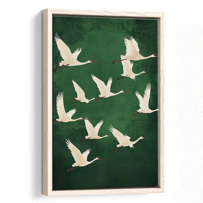 Flying Cranes Japandi Style Print Green White Bird Wall Art, Vintage Japanese Style Artwork, Framed Canvas Print, Floating Frame