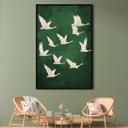 Flying Cranes Japandi Style Print Green White Bird Wall Art, Vintage Japanese Style Artwork, Framed Canvas Print, Floating Frame