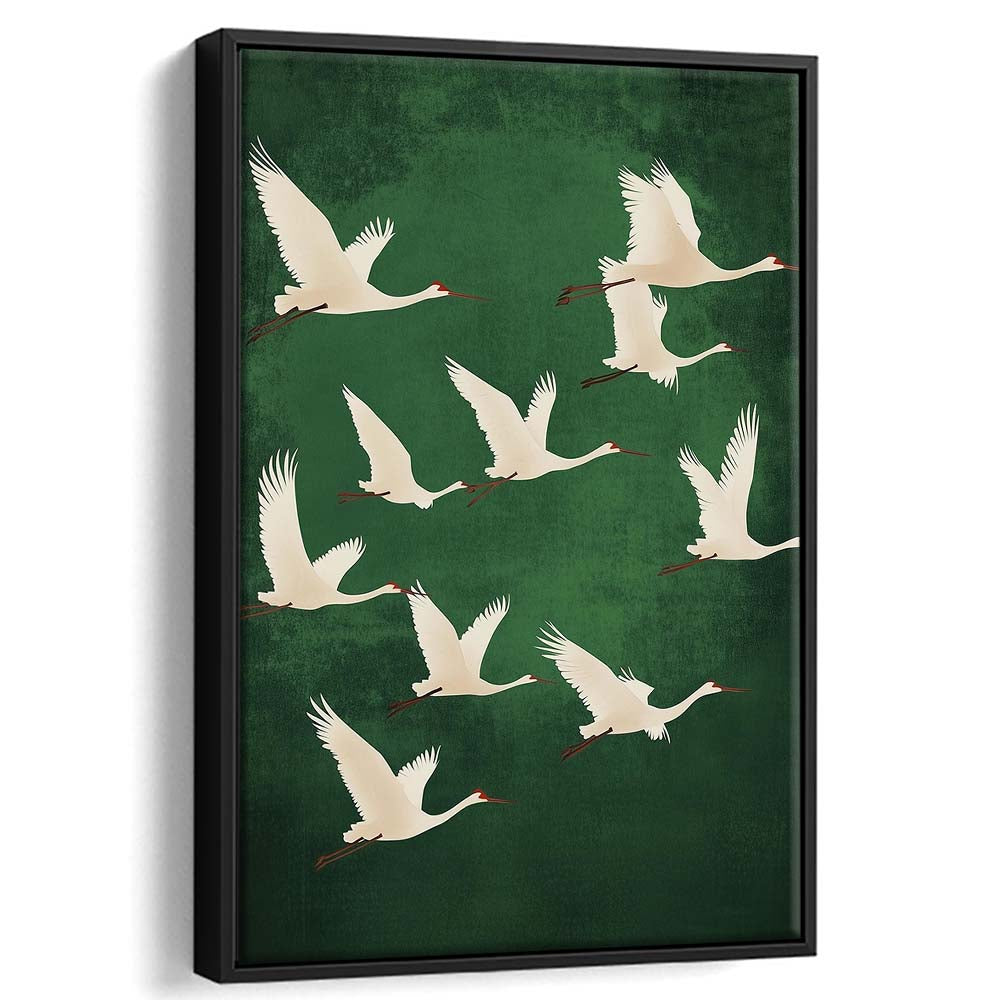 Flying Cranes Japandi Style Print Green White Bird Wall Art, Vintage Japanese Style Artwork, Framed Canvas Print, Floating Frame